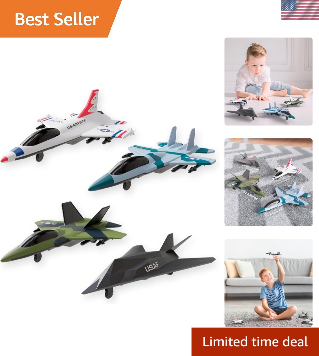 4-Pack US Air Force Diecast Toy Jets – Perfect Gift for Young Aviation Fans