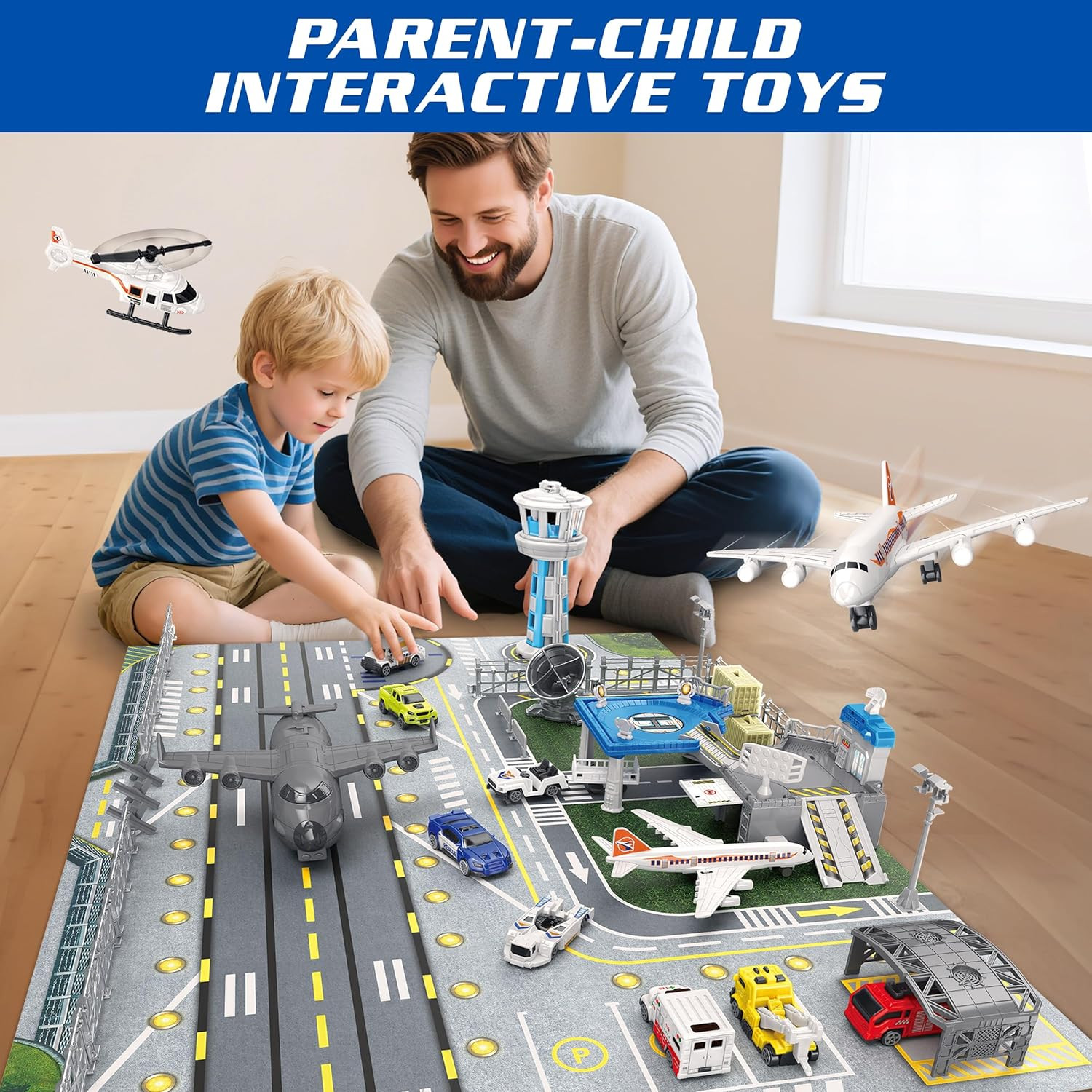 Airplane Airport Toy with Trucks, Helicopter, Planes and Playmat | Aviation Toys