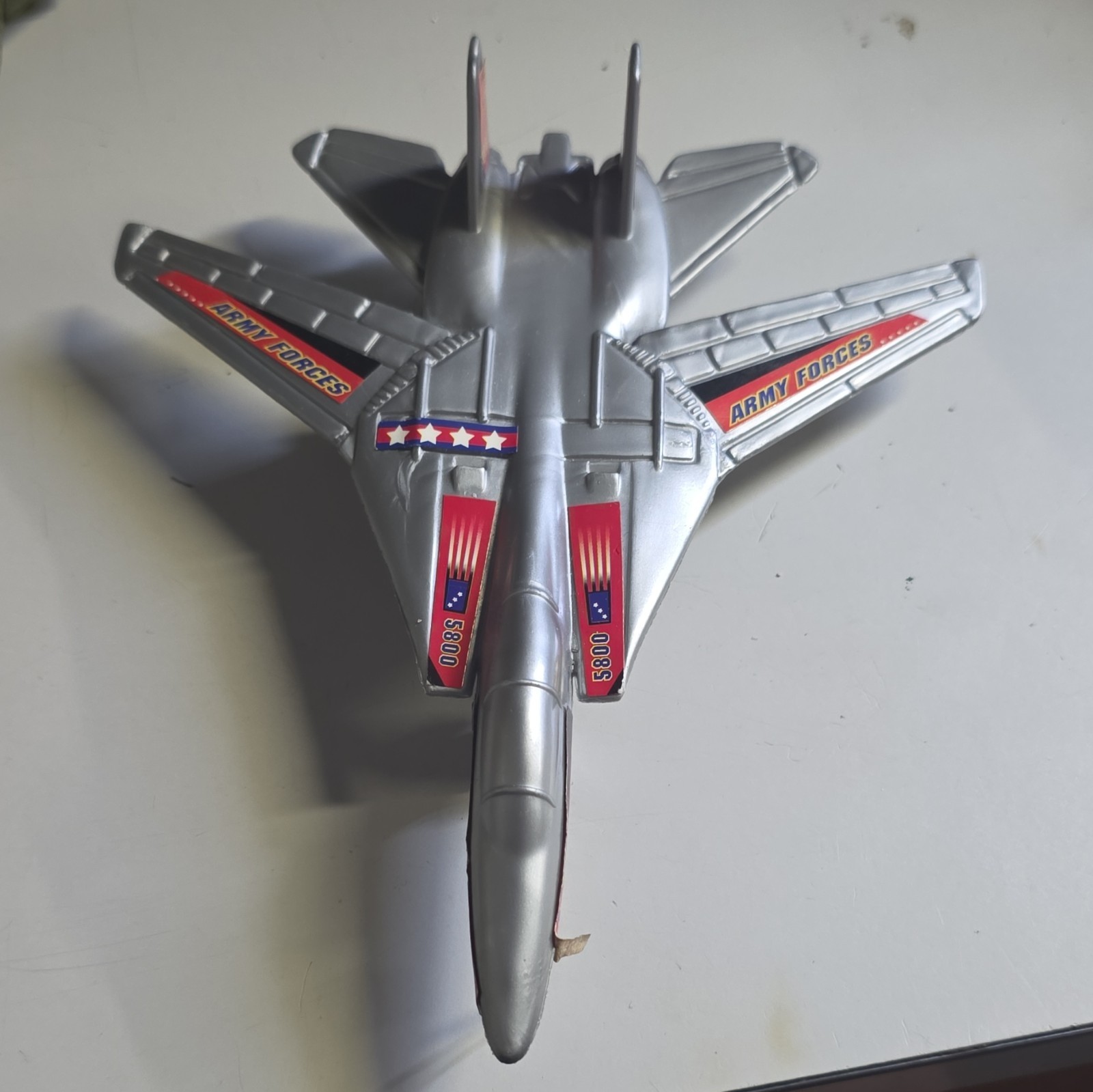 Army Forces Military Airplane Jet Fighter Toy Plane Silver w/ Red & Blue Decals