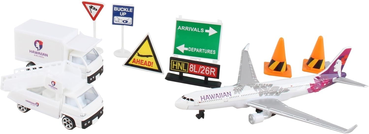 Hawaiian Airlines 12 Piece Playset with Die-Cast Metal Model Airplane with Pl…