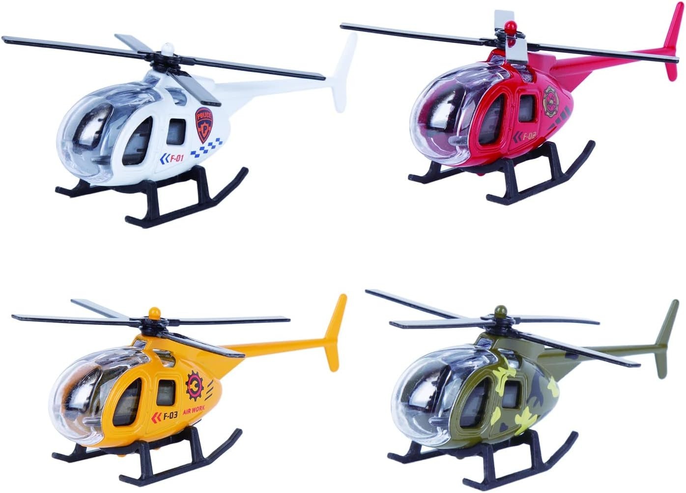 Imaginative Play Set: 4 Diecast Helicopters – Police, Fire & Military Themes