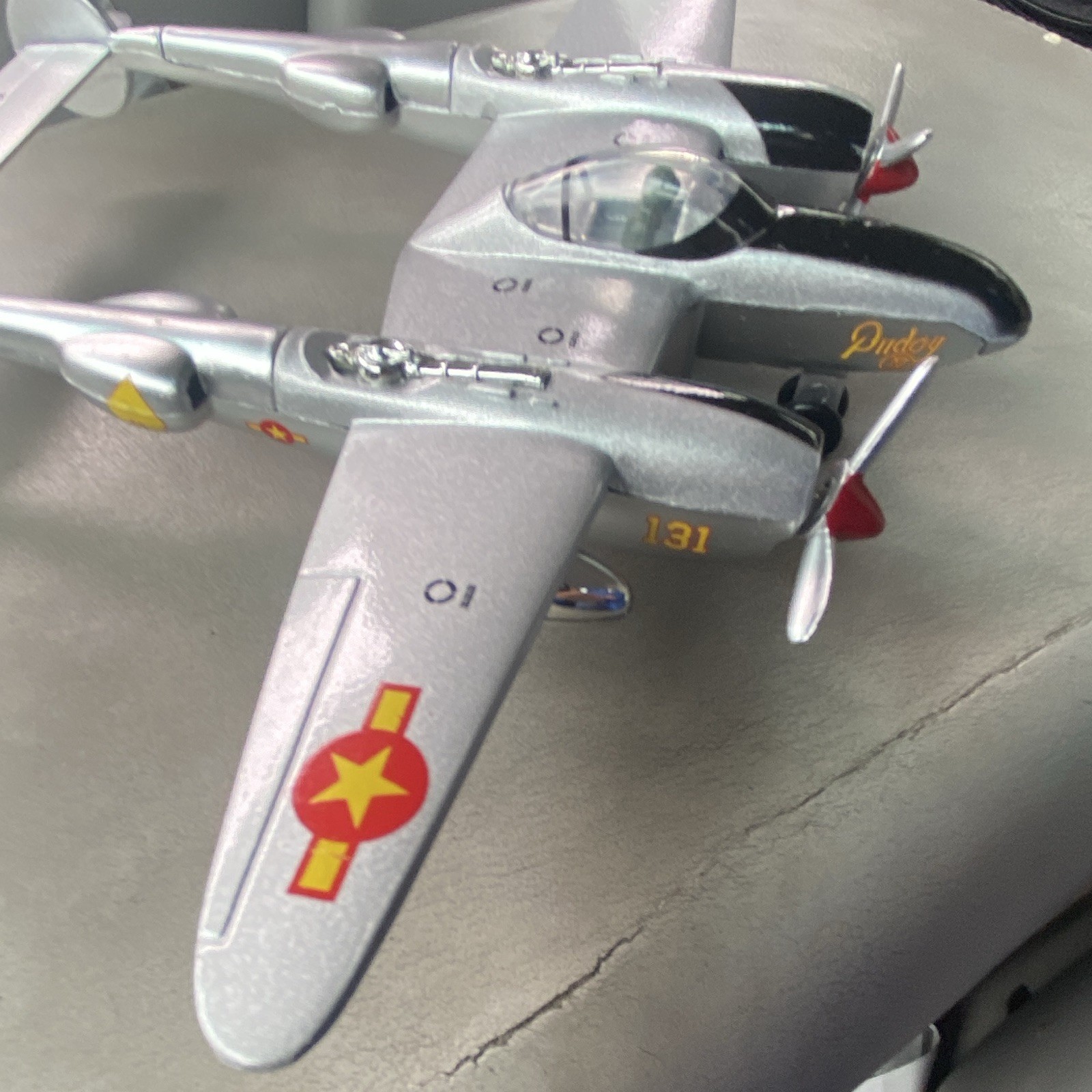 Diecast Toy Military Airplane Lockheed P-38J/L Lightning Silver w/ Stand Pudgy