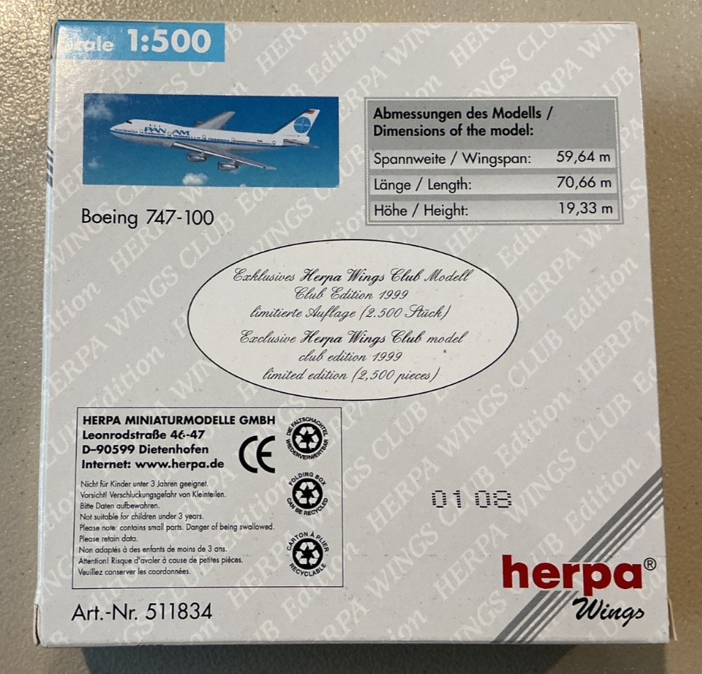 Herpa Wings 1:500 511834 Herpa Wings Club Edition Pan Am Boeing 747-100
