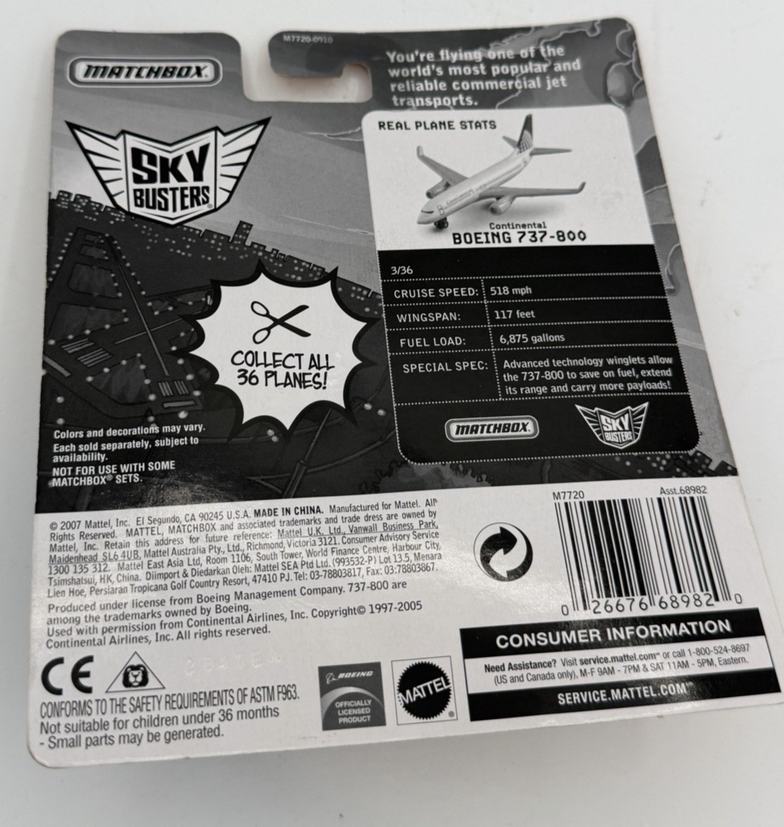 Matchbox 2007 SKY BUSTERS CONTINENTAL BOEING 737-800 M7720 MBX METAL