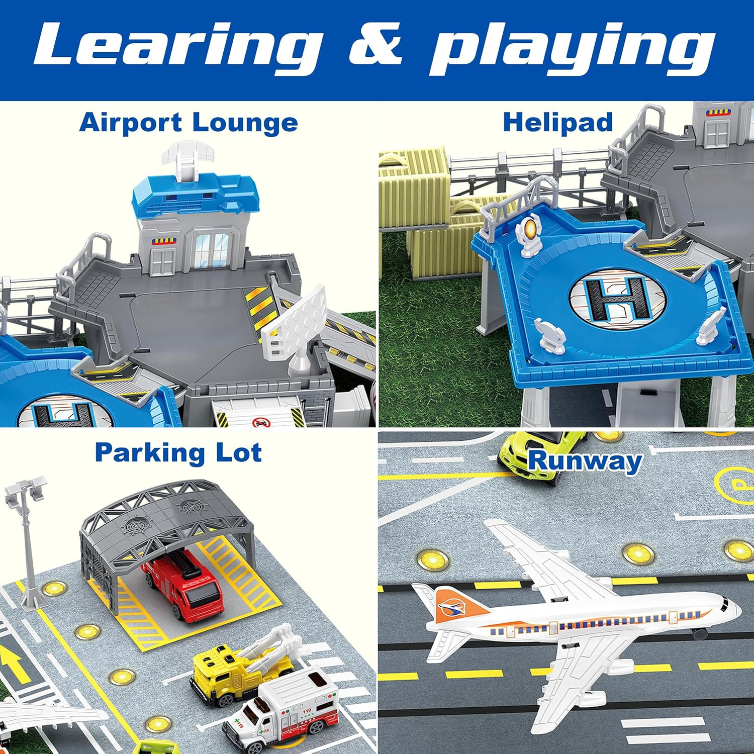 XDUOYJOY Airplane Airport Toy with Trucks, Helicopter, Planes and Playmat | Avia