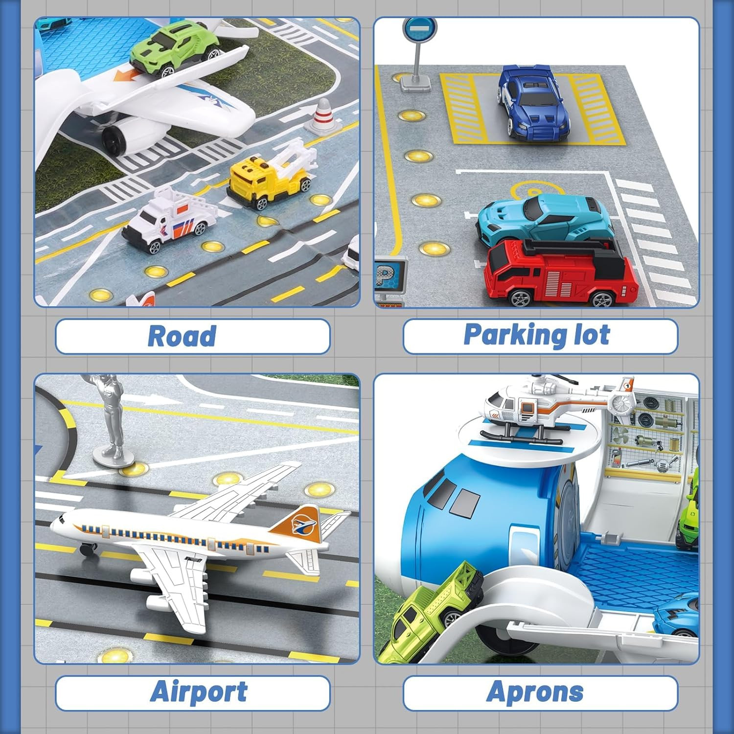 Airplane Toy Car Toy Set Airport Playmat with Helicopter, Truck, Plane, Sign Par