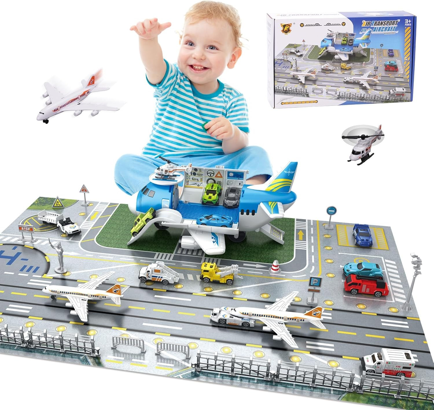 Airplane Toy Car Toy Set Airport Playmat with Helicopter, Truck, Plane, Sign Par