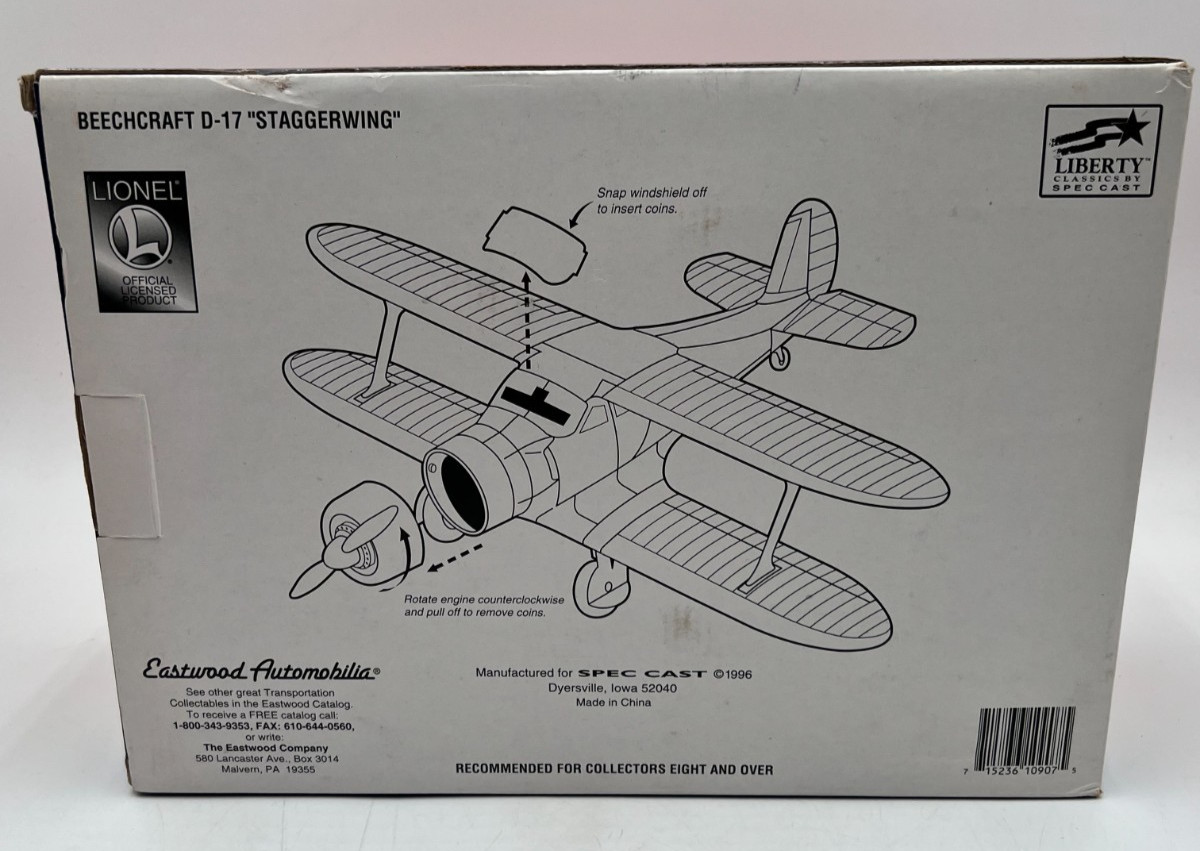 Lionel Eastwood Beechcraft D-17 Staggerwing Die Cast Coin Bank 337500 New in Box
