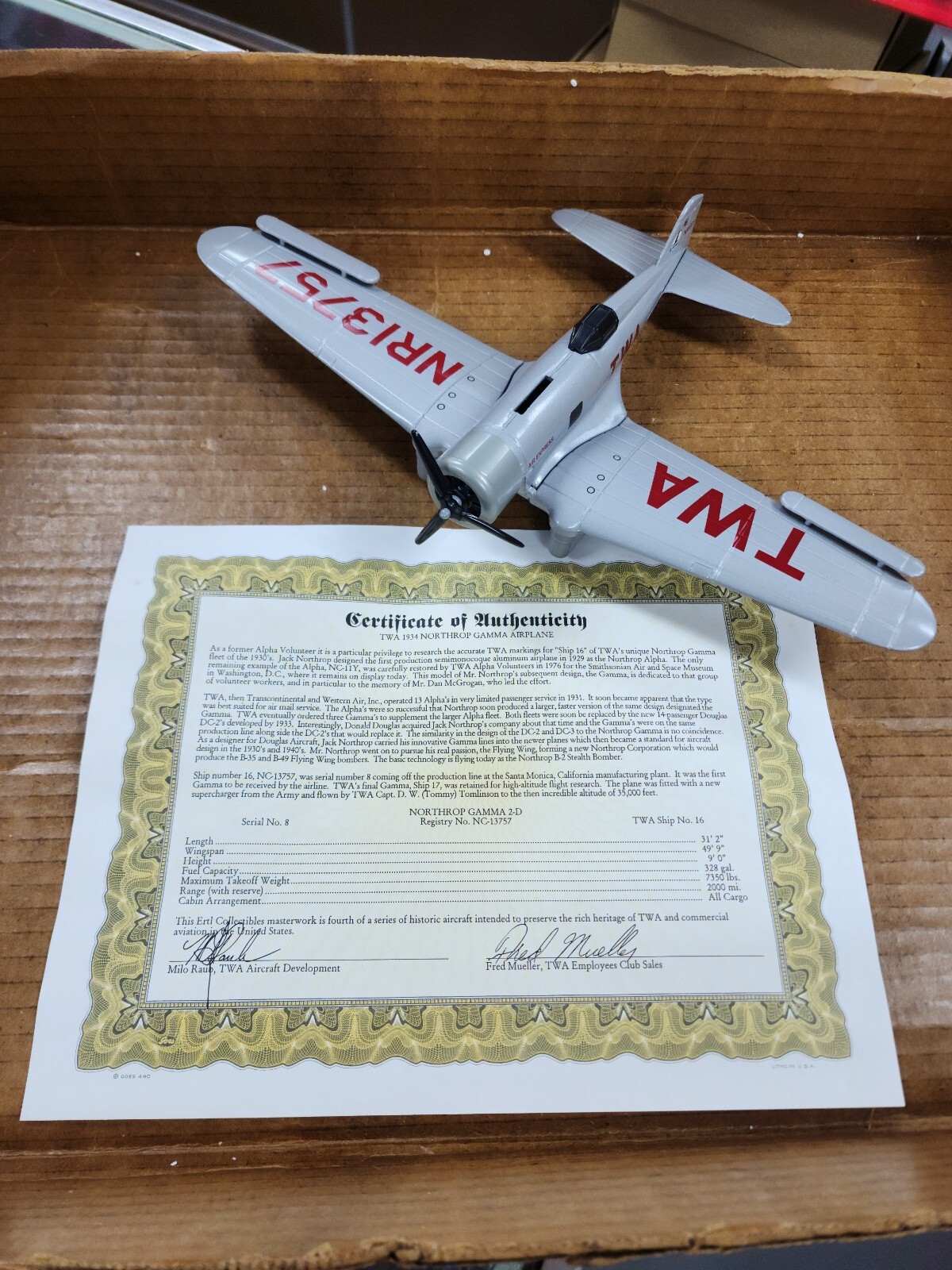 Ertl Collectibles TWA 1932 Northrop Gamma Authentically Scalled Replica