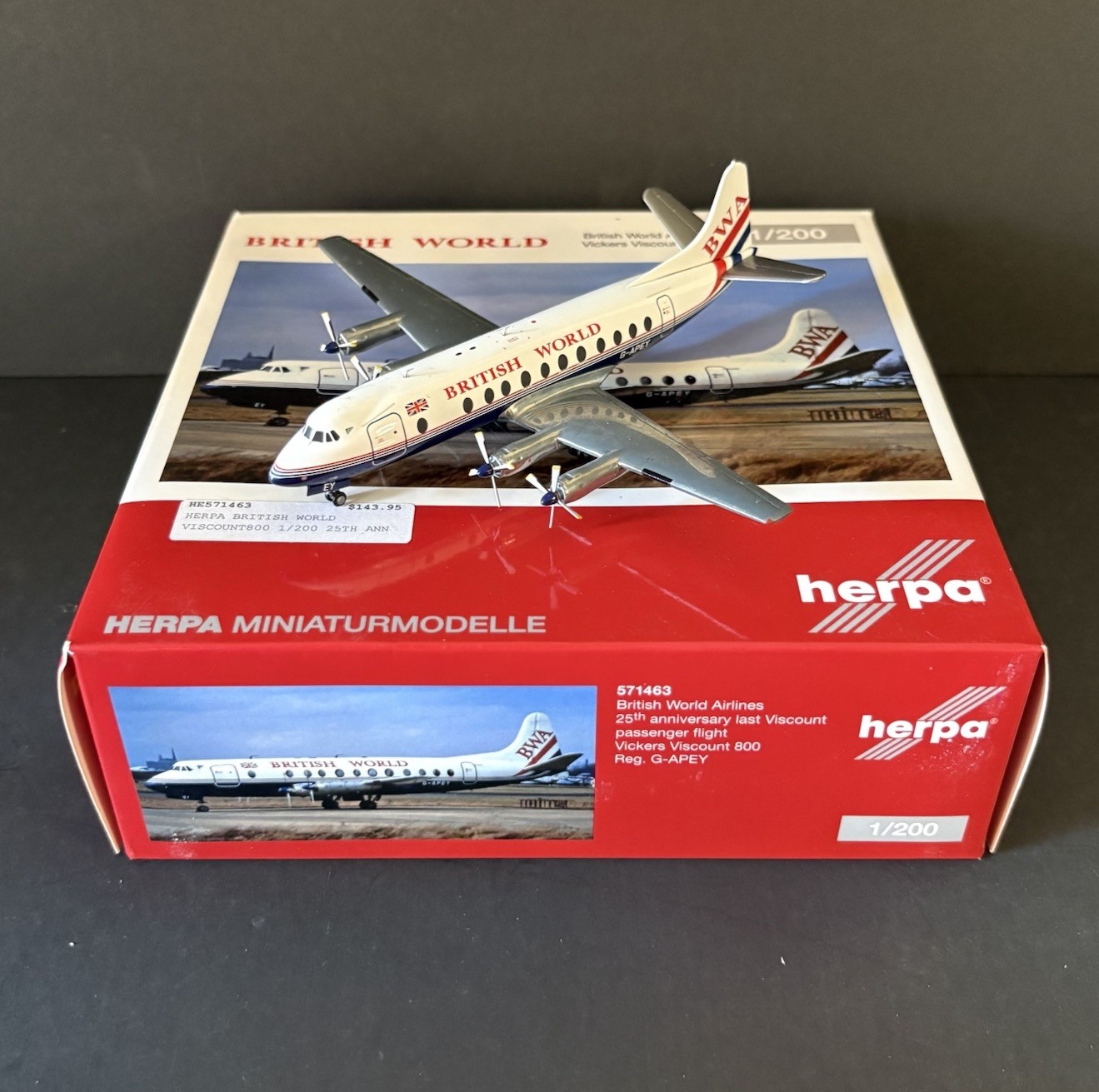Herpa 1:200 British World Airlines Vickers Viscount 800 G-APEY 571463 25th Anniv