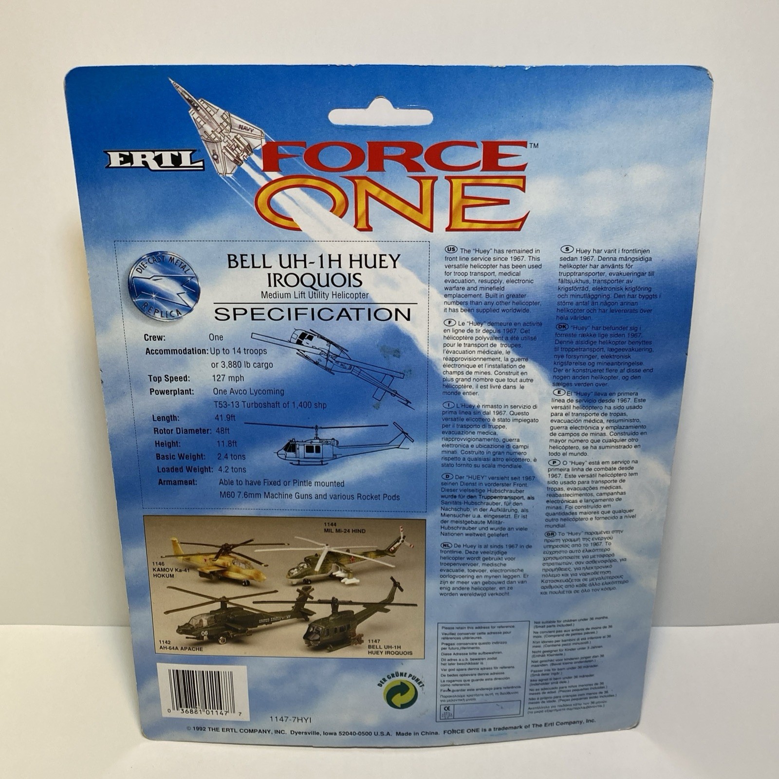 Vintage 1992 Ertl Force One Diecast Bell UH-1H Huey Iroquois Army Helicopter NOS