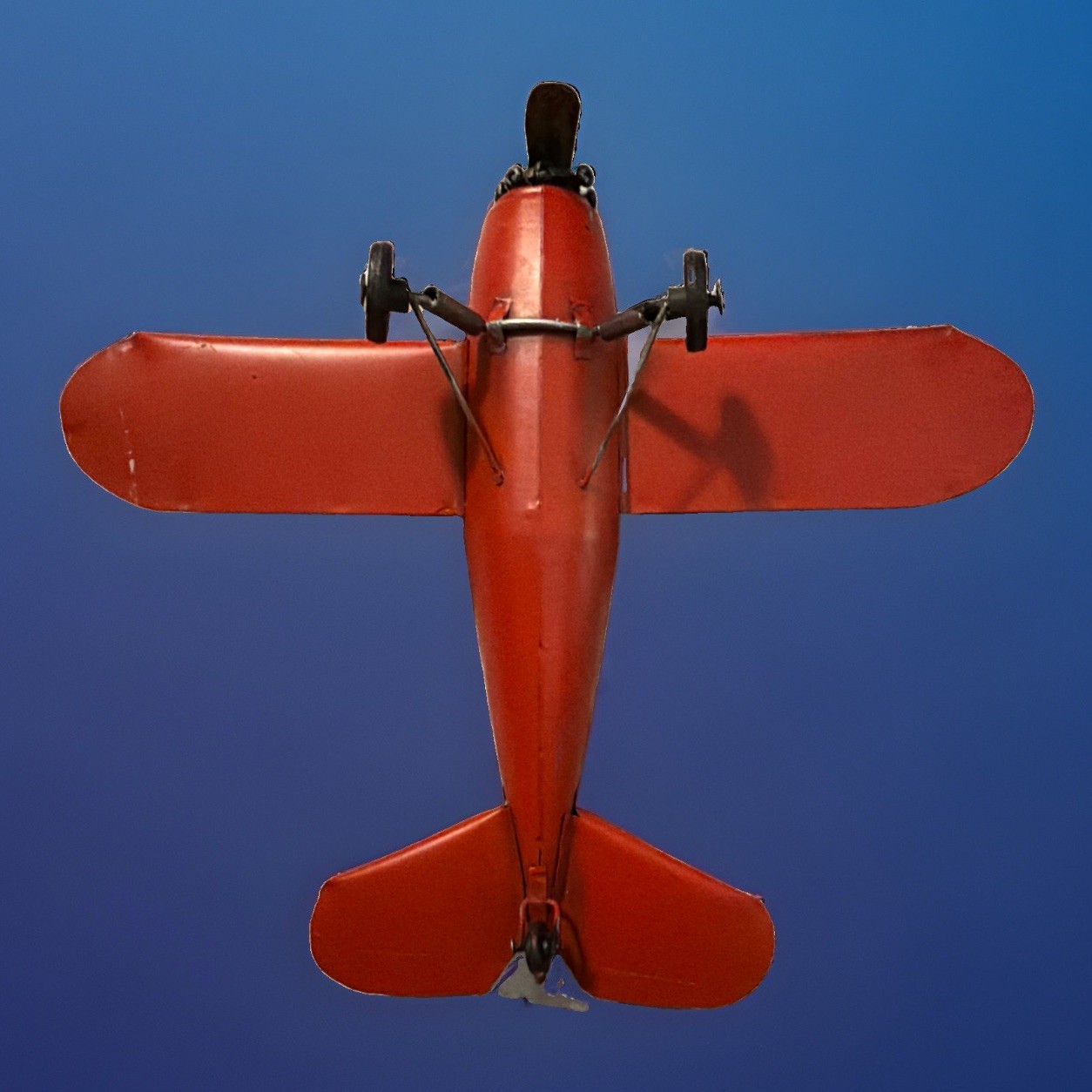 Rare Metallic Red Baron Style Tin 12“ Biplane Model WW1 Aircraft Vintage Used.