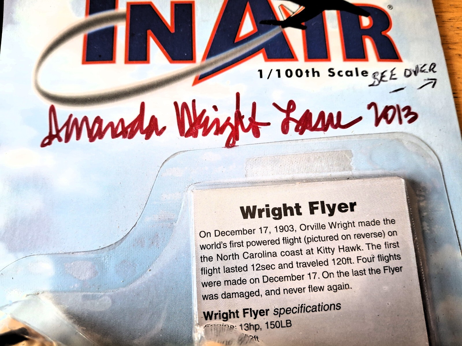 Wright Flyer Model 5in Wing Signed By Great Grand Niece Amanda Wright Lane
