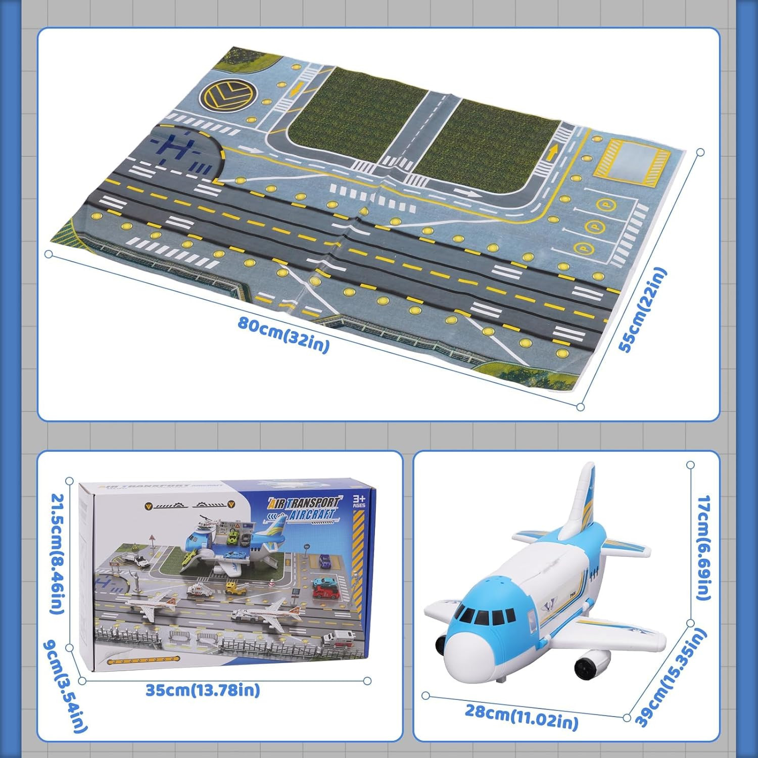 Airplane Toy Car Toy Set Airport Playmat with Helicopter, Truck, Plane, Sign Par