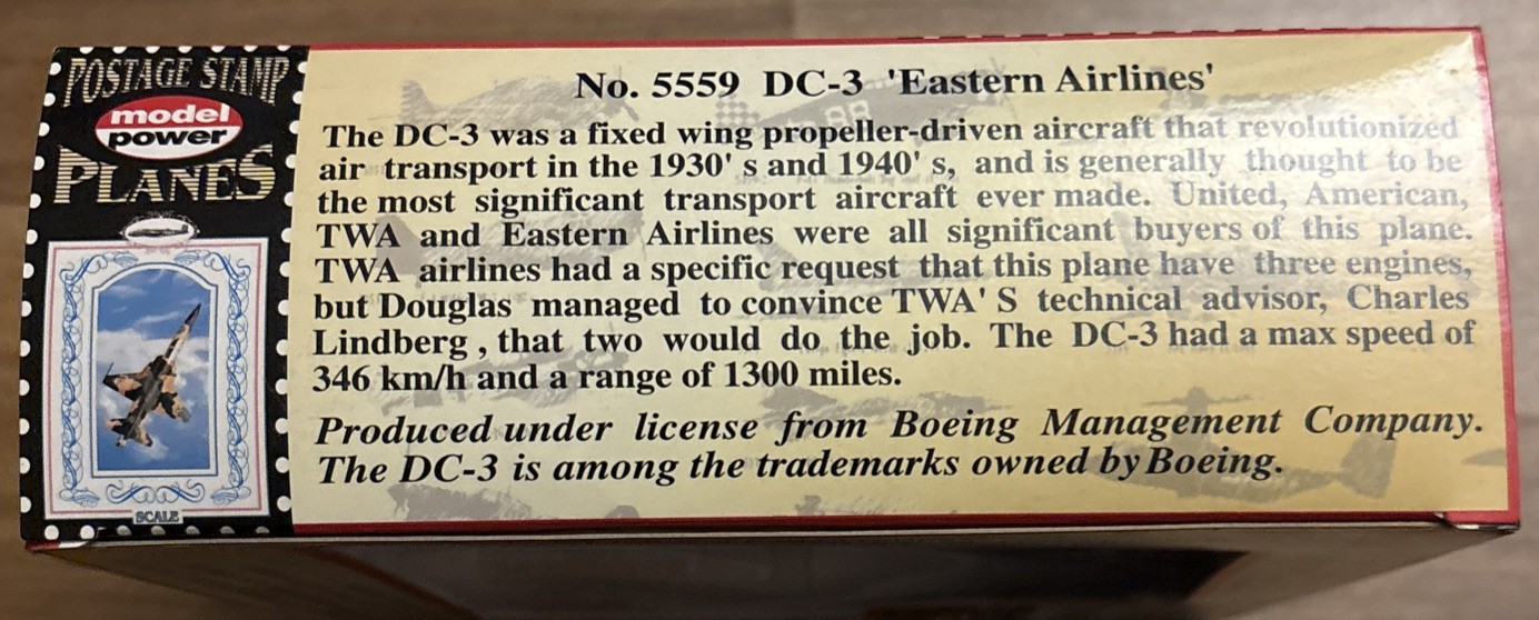 Model Power Postage Stamp Planes 5559 DC-3 Eastern Airlines Diecast W/ Stand