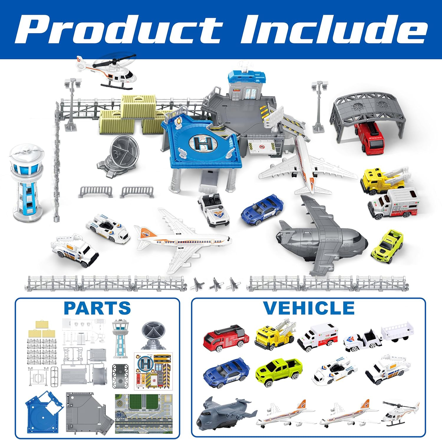 XDUOYJOY Airplane Airport Toy with Trucks, Helicopter, Planes and Playmat | Avia