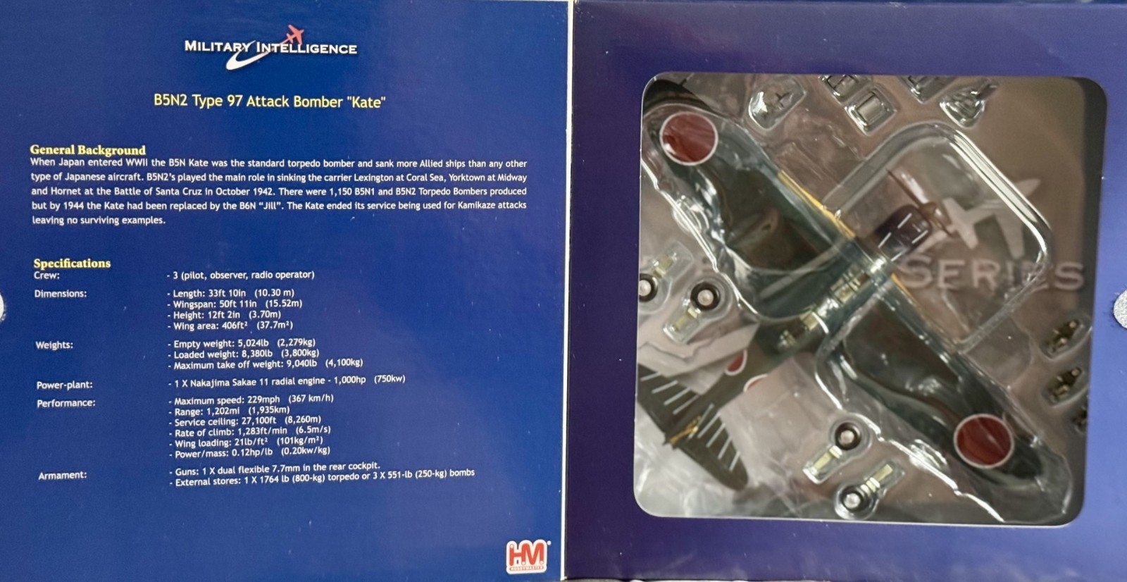 LIMITED EDITION HOBBY MASTER 1/72 JAPAN B5N2 TYPE 97 BOMBER “KATE” HA2012