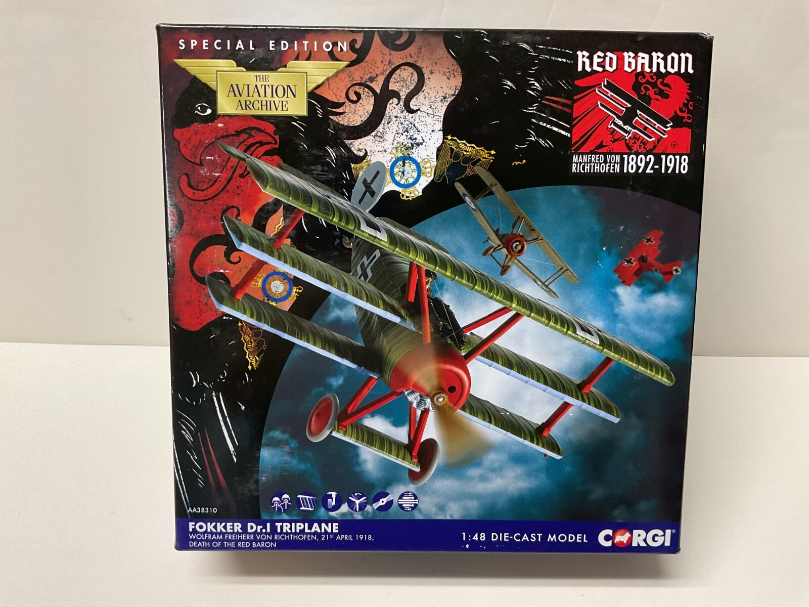 CORGI 1:48 Scale – AA38310 – Fokker DR1 Triplane -Wolfram Von Richthofen -Bx/Crd