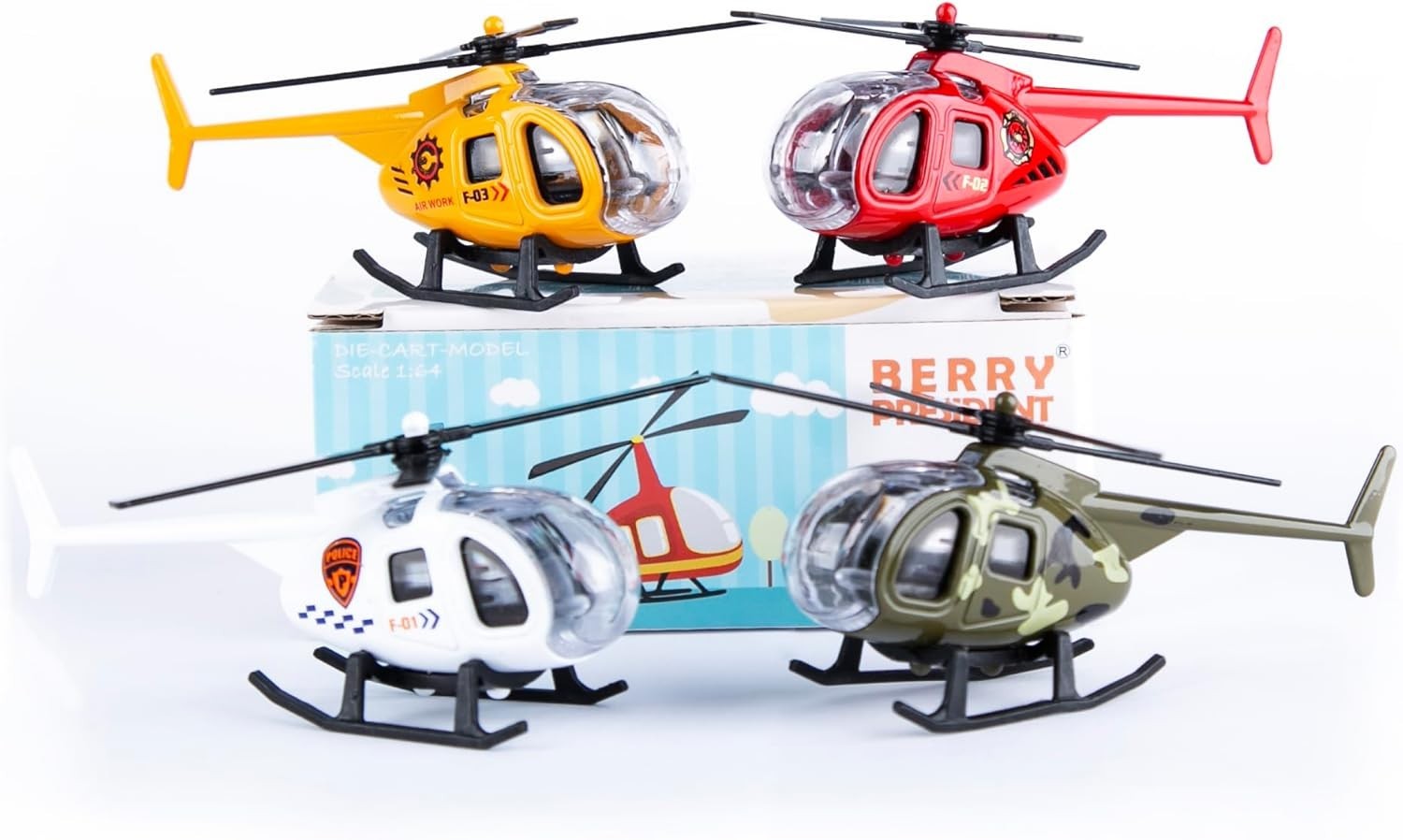 Imaginative Play Set: 4 Diecast Helicopters – Police, Fire & Military Themes
