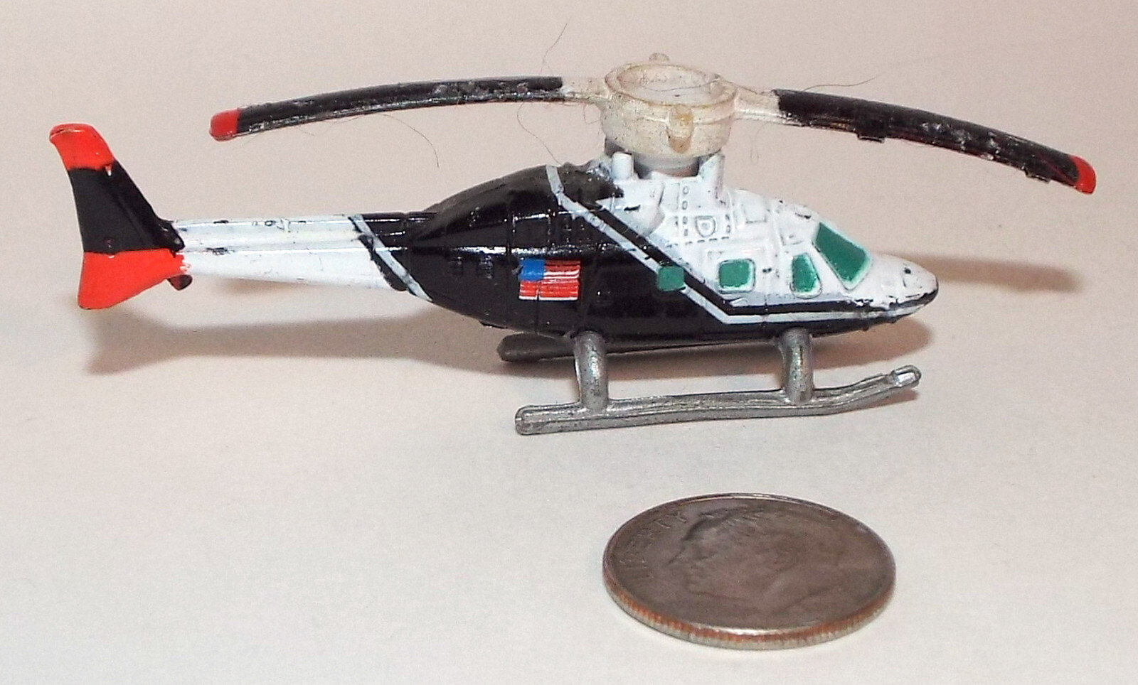 Small Micro Machine Plastic Bell 222 Helicopter in Black & White w/ US Flag