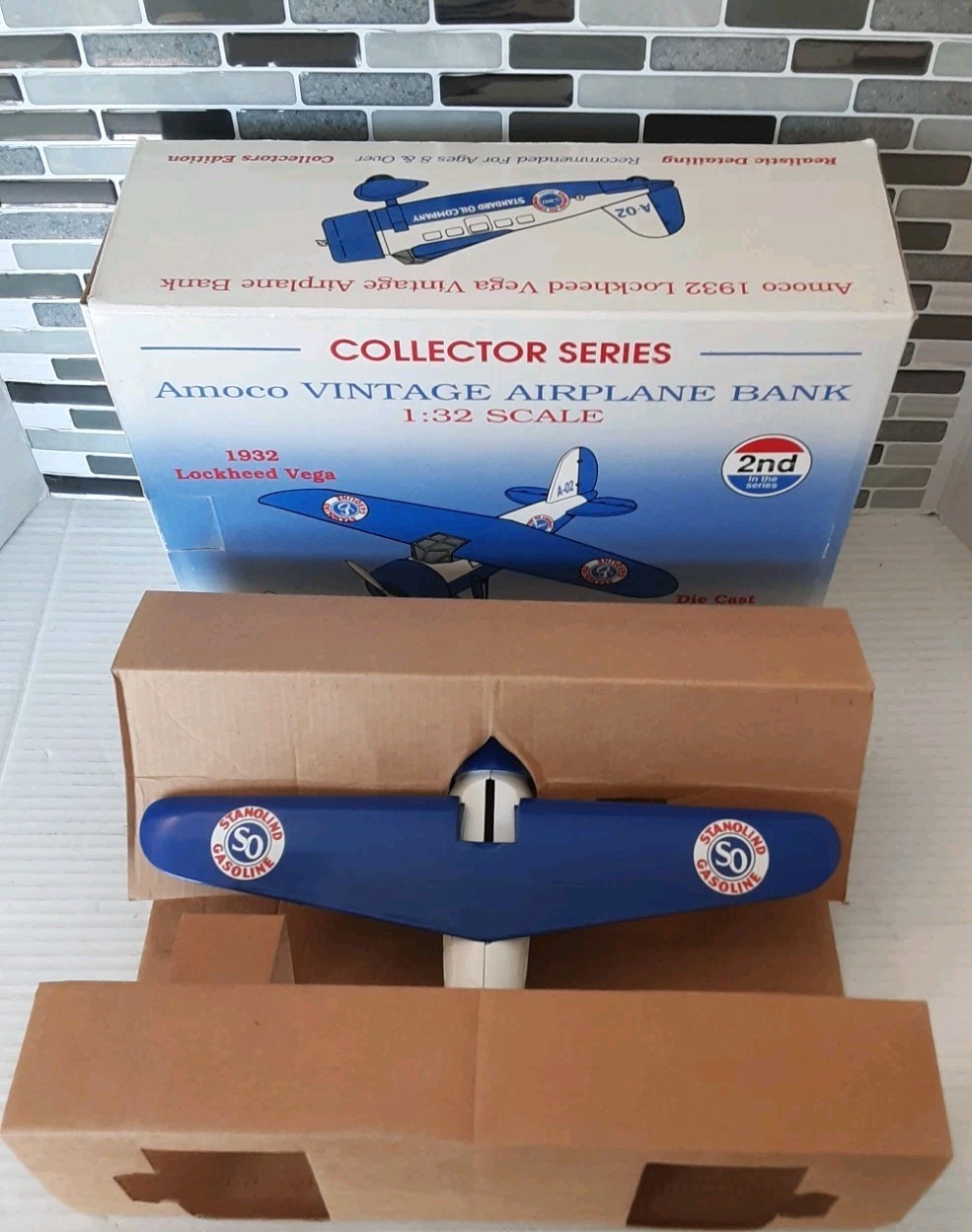 New Amoco Vintage #2 Airplane Die Cast Metal Coin Bank 1/32 Blue W/Box