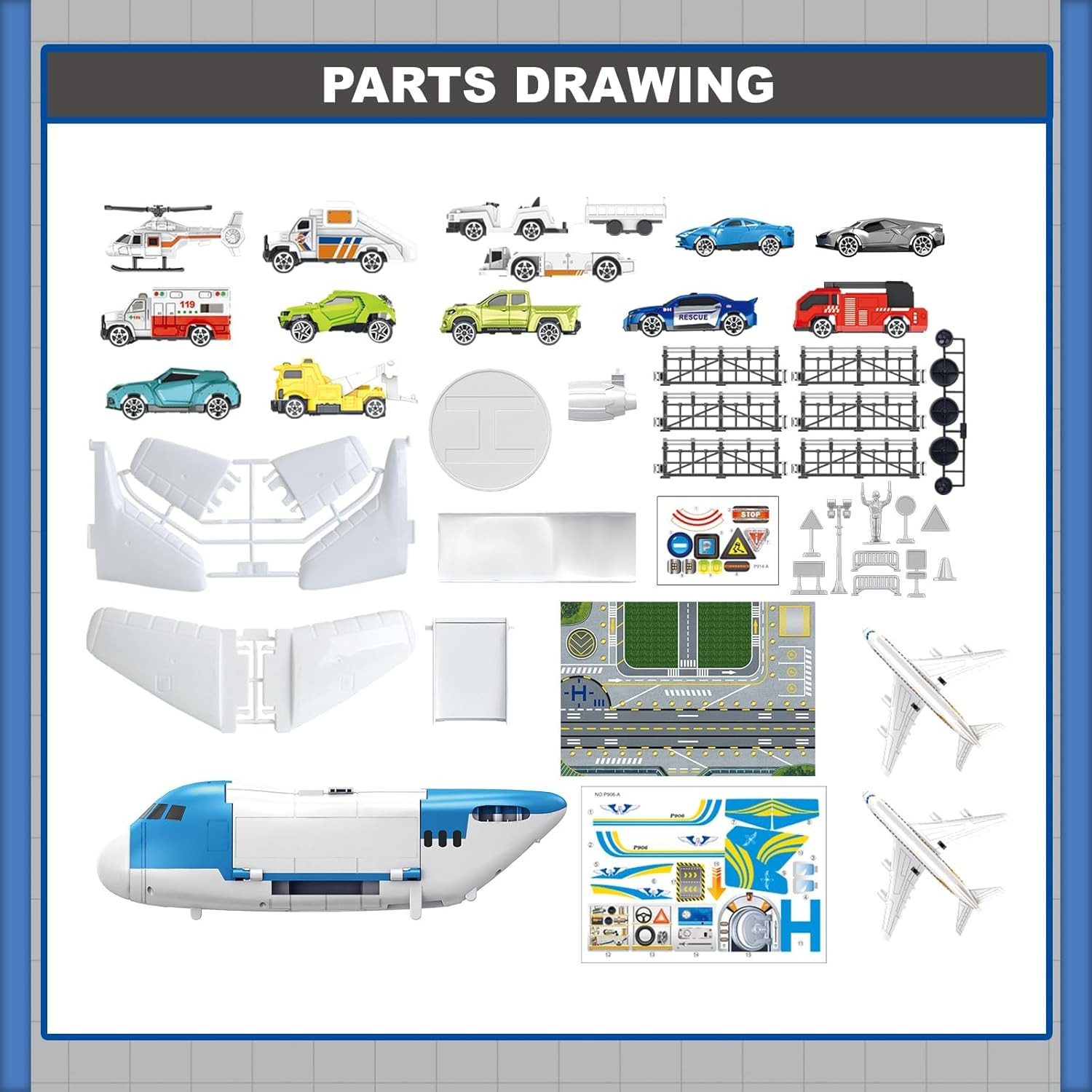 Airplane Toy Car Toy Set Airport Playmat with Helicopter, Truck, Plane, Sign Par