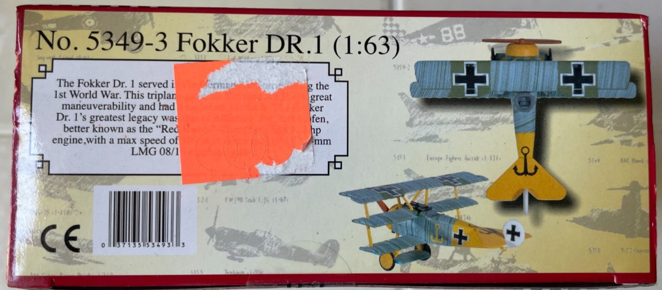 Fokker DR 1 5349-3 – 1:63 scale – German WWI Postage Stamp/Model Power Diecast