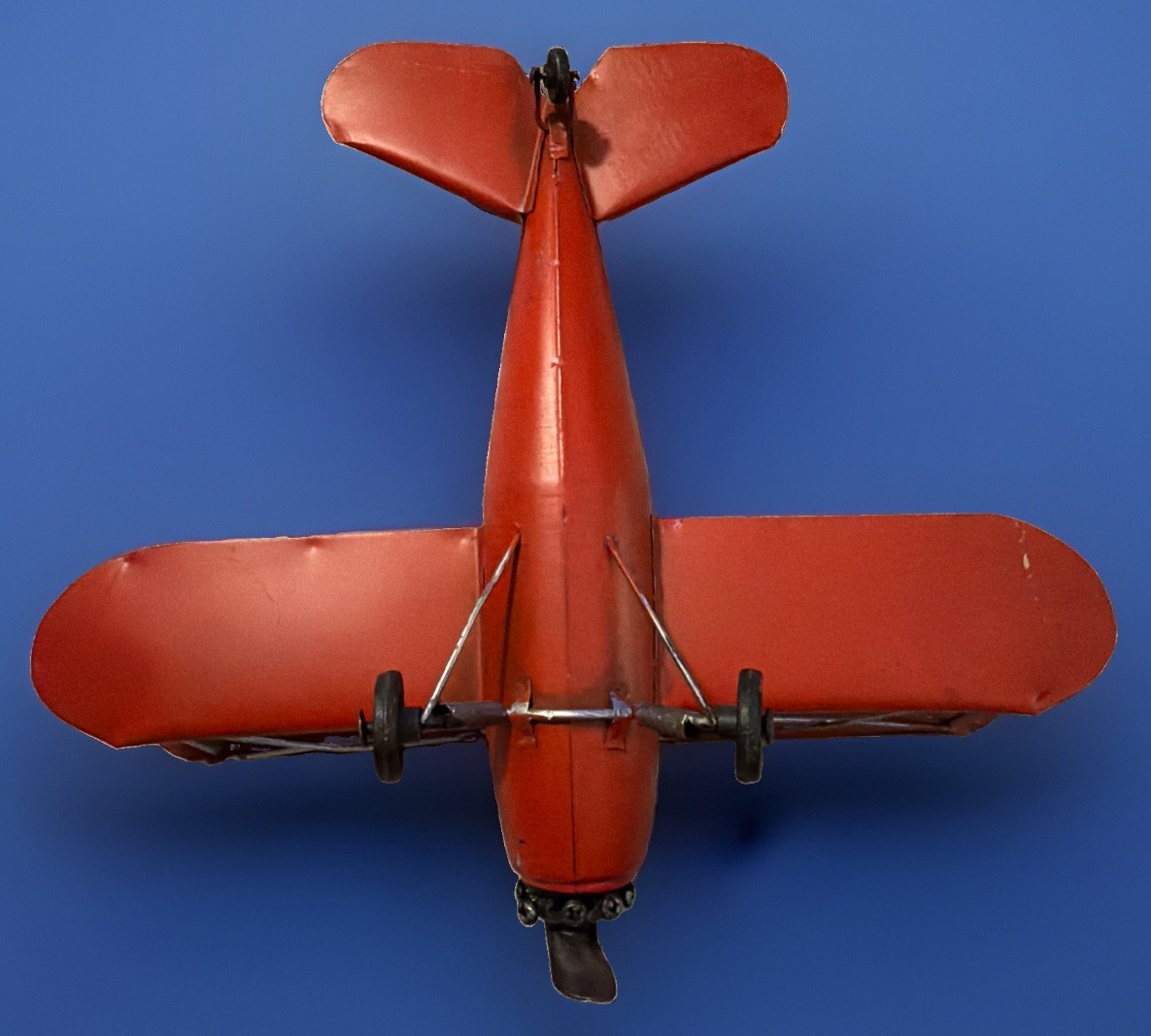 Rare Metallic Red Baron Style Tin 12“ Biplane Model WW1 Aircraft Vintage Used.