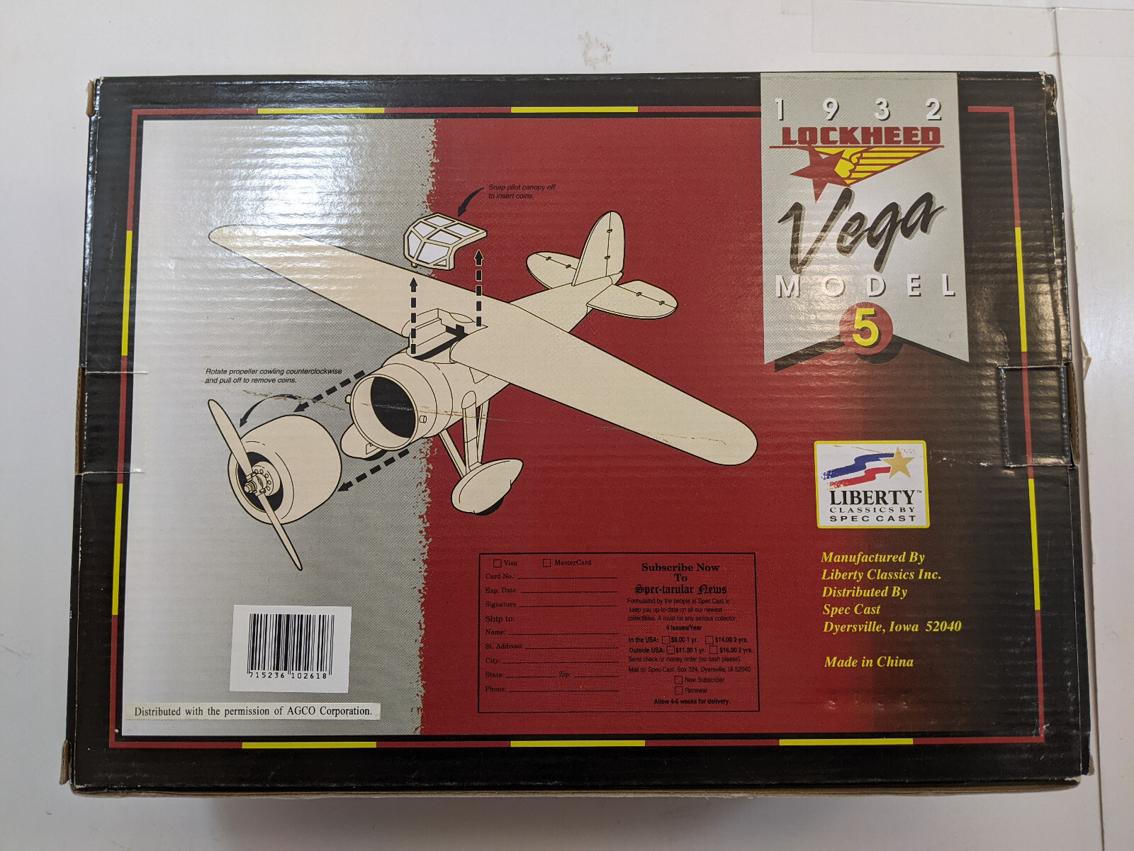 1932 Lockheed Vega Model 5 Diecast Airplane Collector Bank #35053 Massey Harris