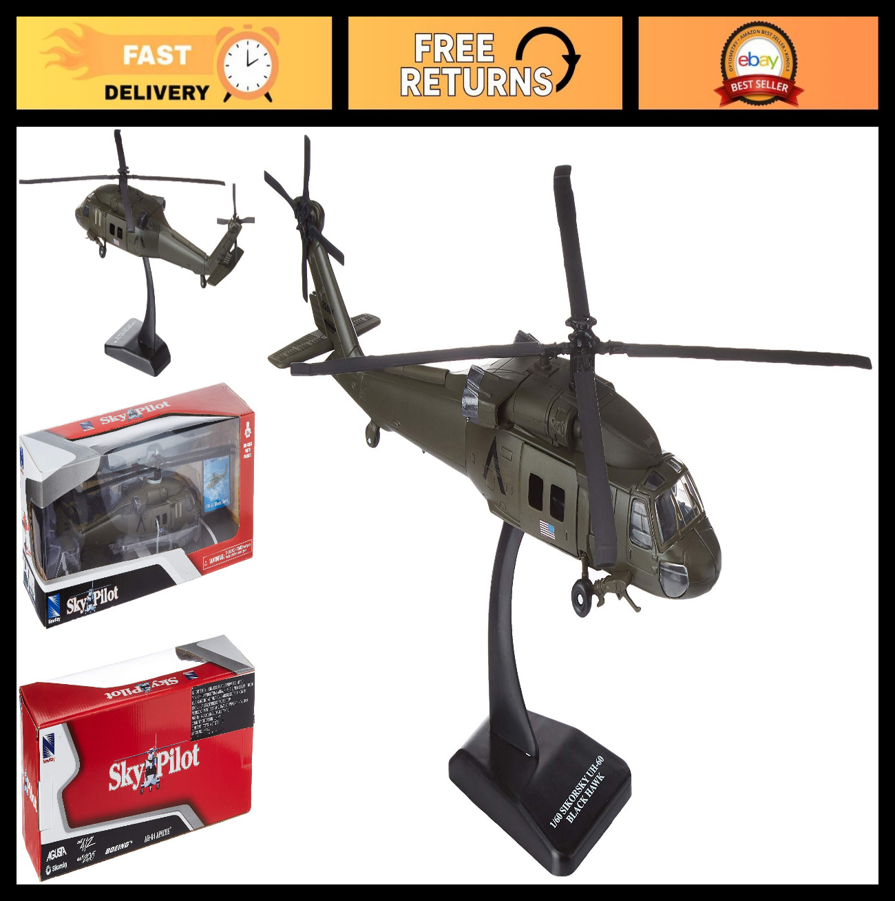 Diecast UH-60 Black Hawk Helicopter Model 1:60 Scale, Sky Pilot Replica Toy