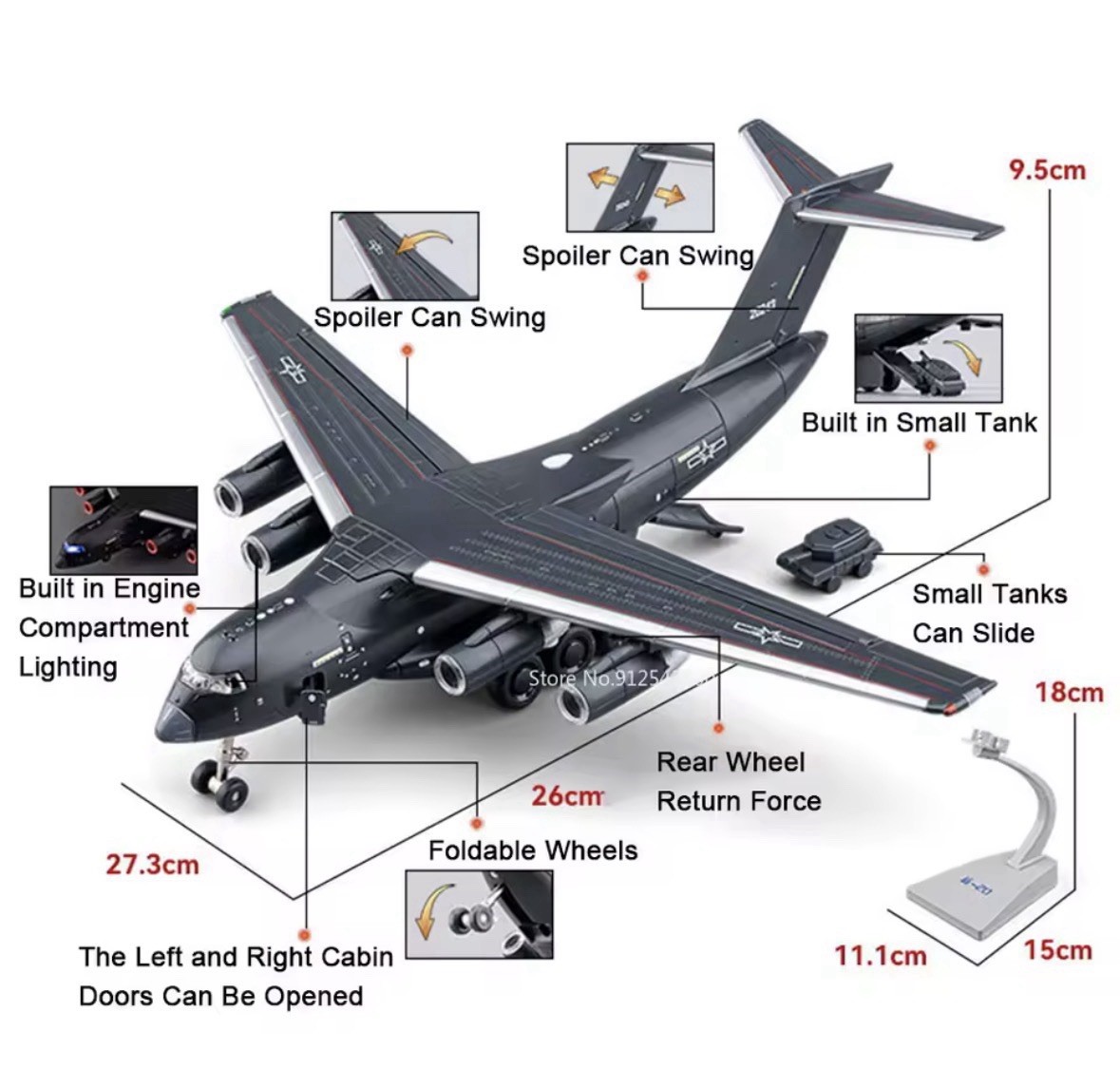 1:180 Y-20 Transport Aircraft Model With Metal Body, Foldable Wheels & Lighting
